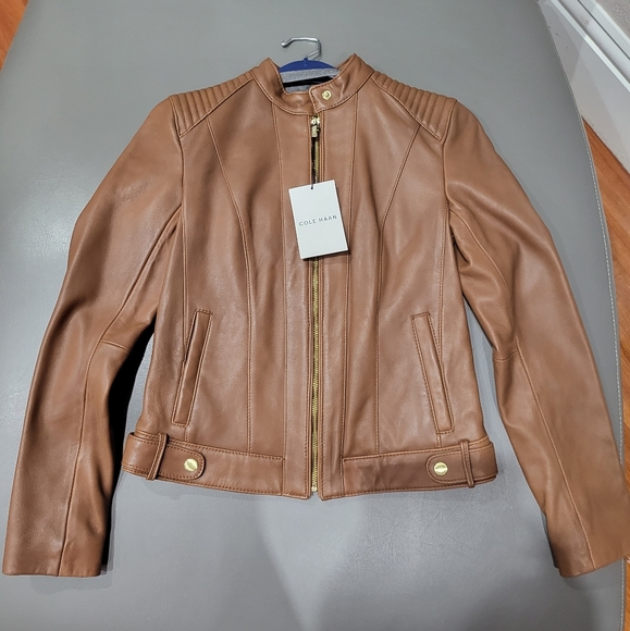 Cole Hann Caramel Brown Leather Moto Jacket Snap Button Neck - Picture 11 of 11